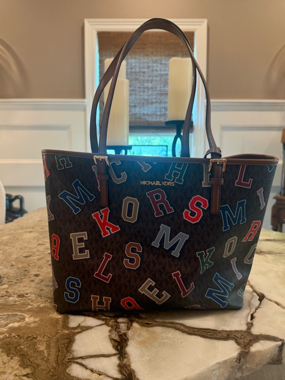 Michael Kors Jet Set Travel Tote Brown Logo Varsity Letter Print Bag NWOT